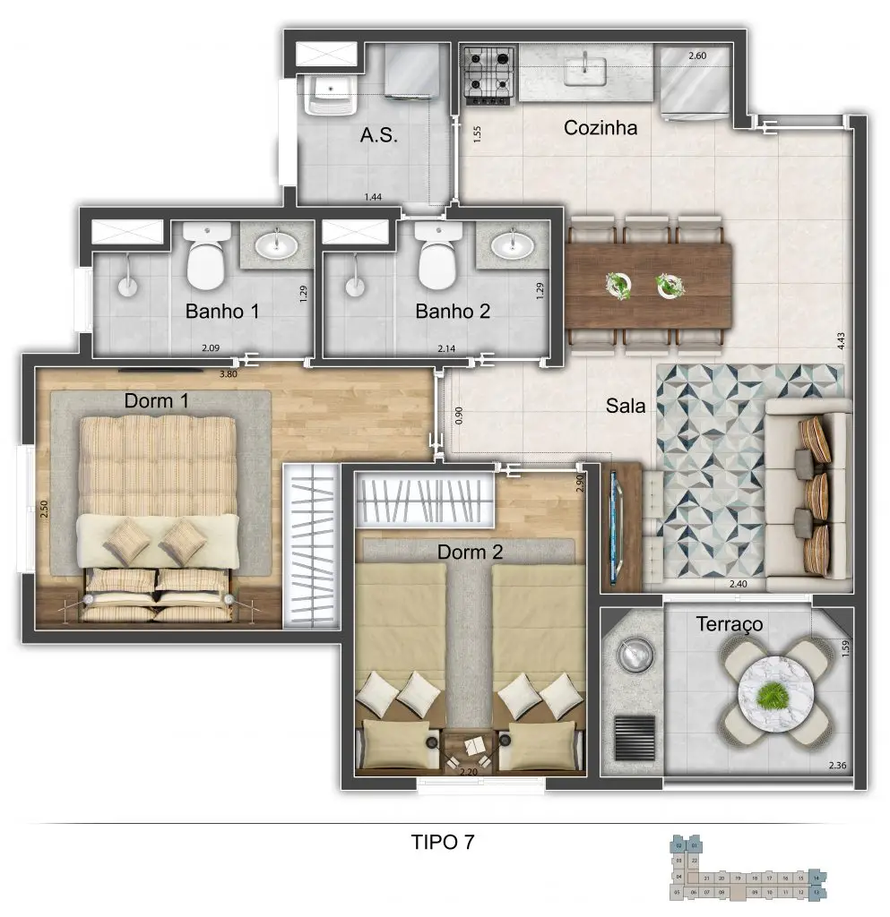 Planta baixa de um apartamento na planta, mostrando a distribuição dos cômodos e o design moderno do imóvel.